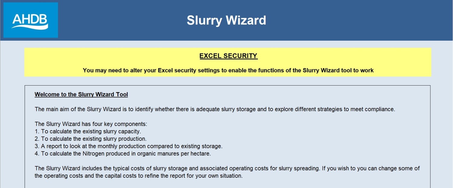 View of the opening screen of the Slurry wizard tool excel file.